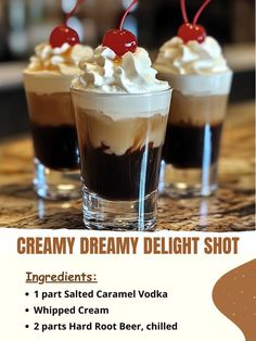 two glasses filled with ice cream and topped with whipped cream, cherry garnish and cherries