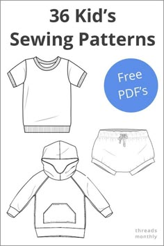 the sewing pattern for a baby's hoodie and shorts is shown in black and white