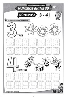 a spanish number chart with three bees and flowers on it, in black and white