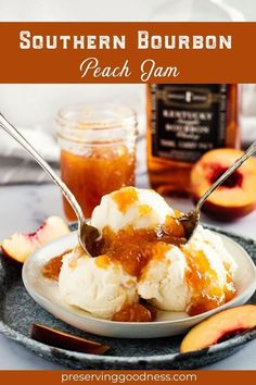 a plate with ice cream and peach jam