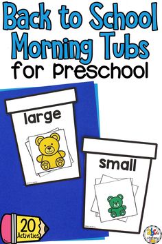 back to school morning tubs for preschool with pictures of teddy bears and pencils