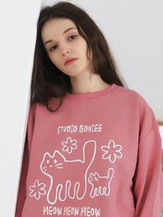 BONIEE is a clothing brand that seeks to capture daily life in goods with the slogan ‘stories are melted in our goods’.- Cute cat graphic printing on the front- Soft touch cotton used hoodie- Great to match with any types of bottom- Comfortable to wear Oversized Pink Top With Cartoon Print, Pink Slogan T-shirt For Loungewear, Oversized Pink Sweatshirt With Slogan, Pink Slogan Sweatshirt For Spring, Pink Slogan Sweatshirt For Loungewear, Pink Spring Sweatshirt With Slogan, Spring Pink Sweatshirt With Slogan, Cute Pink Sweatshirt With Text Print, Pink Sweatshirt With Text Print For Spring