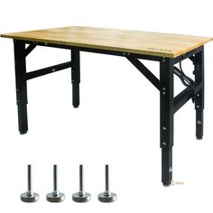 a wooden table with four metal legs and three screws on each side, in front of a white background