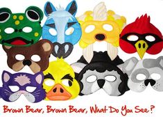 a group of different colored masks with the words brown bear, brown bear, what do you see?