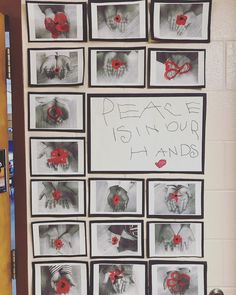 a bulletin board with pictures and words written on it that say peace is in our hands