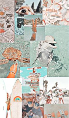 a collage of photos with people and surfboards