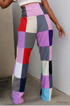 Lasaky - Contemporary Streetwear: Sophisticated Grass Green Color Block Patchwork High Waist Straight Bottoms Color Block Pants, Celebrity Prints, Straight Cut Pants, Tartan Fabric, High Waist Bottoms, Casual Streetwear, Bottom Clothes, Straight Pants, Pants Outfit