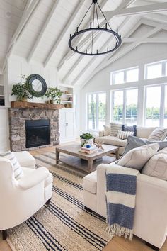 a living room filled with furniture and a fire place in the middle of an open floor plan