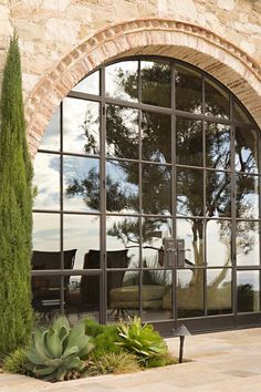 an arched window with glass panes and plants in the foreground, near a stone wall