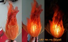 two pictures of orange flowers that have been lit up