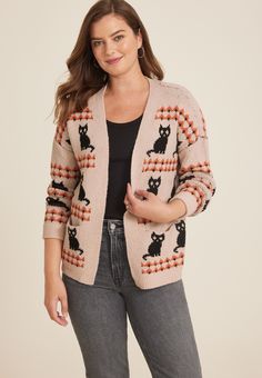 Cat Long Sleeve Cardigan - Materials & Care:imported - 93% polyester 4% nylon 3% spandex - machine wash New Jeans Top, Cat Cardigan, Maternity Pajamas, Skirt Crop, Cardigan Beige, Beige Cardigan, Curvy Jeans, Maternity Shops, Shoes With Jeans