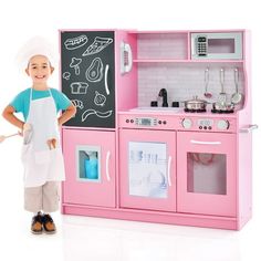 Let kids grow with happiness & health with our pretend play kitchen! This toddler kitchen toy features a microwave, sink, stoves, ice maker, dishwasher and oven, offering an immersive kitchen experience to children. Moreover, the chalkboard and telephone bring extra fun. Realistic sound is available by rotating the knobs. In addition, children are able to promote their hands-on ability, imagination, creativity through role play. Furthermore, the ample storage space as well as convenient hooks an Pink Play Kitchen, Toddler Pretend Play, Toddler Kitchen, Play Kitchens, Pretend Play Kitchen, Kids Pretend Play, Play Kitchen Sets, Sweet Accessories, Pretend Play Toys