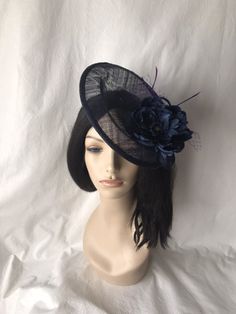 Dark Navy Blue Kentucky Derby fascinator hat, Tea party hat, Easter Women's church hat, Elegant Blue Fascinator With Handmade Flowers, Royal Ascot Formal Fascinator With Handmade Flowers, Formal Hat Fascinator With Handmade Flowers, Formal Fascinator Hat With Handmade Flowers, Formal Mini Hats With Handmade Flowers For Royal Ascot, Evening Fascinator With Handmade Flowers, Handmade Flower Fascinator For Formal Events, Elegant Formal Mini Hat With Handmade Flowers, Party Hat With Handmade Flowers And Pinched Crown