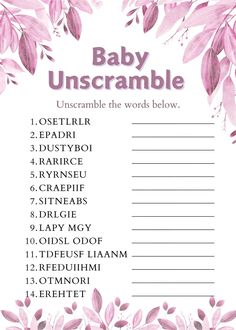 the baby unscramble game is shown with pink flowers and leaves on it