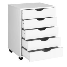 three drawers with wheels on each side and four drawers at the bottom, all in white