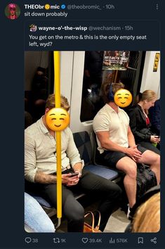 two people sitting on a train with emoticions covering their faces