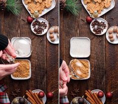 two pictures showing the process of making gingerbread cookies and then adding cinnamon sugar to it