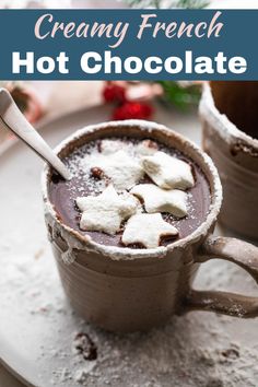 creamy french hot chocolate in a mug with marshmallows