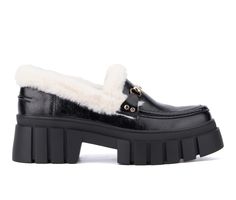 These slip-on marvels aren't just any old shoe; they feature a cozy faux fur lining to keep you warm, a chunky rubber lug sole, and a metallic buckle decor that make these shoes equally stylish and practical. Faux Leather upper, Cozy Faux Fur lining for added warmth, Slip on for easy entry,2.5\ chunky block heel / lugged platform, Round Moc toe, Jersey lined footbed, Rubber outsole, Metallic buckle decor | Women's New York and Company Seraphina 2 Chunky Loafers in Black Size 10 Winter Loafers With Rubber Sole And Round Toe, Mule Flats, Chunky Loafers, Target Clothes, Old Shoes, Closed Toe Shoes, Faux Leather Heels, Chunky Block Heels, New York And Company