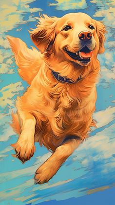 a painting of a golden retriever running in the water