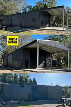 two pictures showing different types of metal buildings