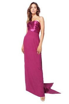 Strapless Crepe Column Gown with Satin Bow Bow Fabric, Crepe Gown, Beaded Chiffon, Column Gown, Satin Bow, Crepe Fabric, Stretch Lace, Orange And Purple, Model Height