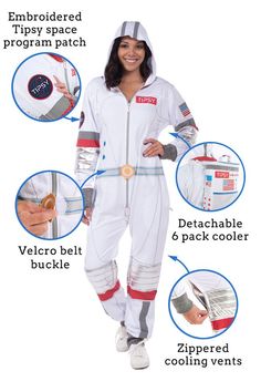 a woman wearing an astronaut costume with instructions on how to wear it