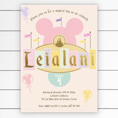 a pink and yellow mickey mouse birthday party card with the name leilania on it