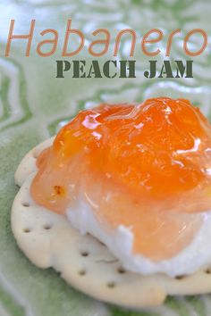 there is a small cracker with some food on it and the words habanero peach jam