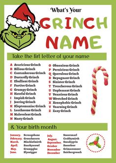 the grinch name poster with candy canes and santa's hat on it