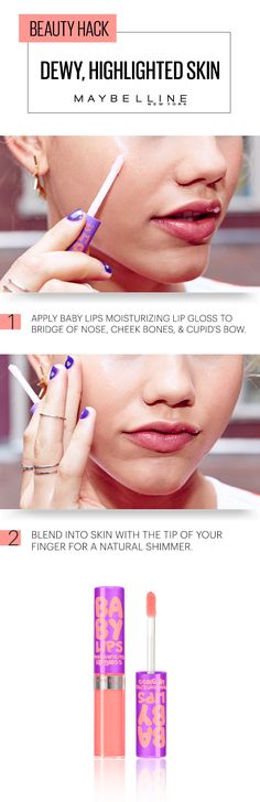 There’s a simple trick to fresh, dewy skin that shimmers at all the right angles, girls. Use your Maybelline Baby Lips Moisturizing Lip Gloss to highlight the areas of your face where light hits. Next time you’re on the beach, by the pool, or out and about for the last days of summer, give this easy beauty hack a try. Dewy Highlighter, Skin And Makeup, Back To School Makeup, Baby Lips Maybelline, Moisturizing Lip Gloss, Hydrating Lip Gloss, Baby Lips, Dewy Skin, I Love Makeup