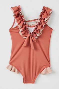 Girls Layered Contrast Ruffle One Piece Swimsuit Contrast Ribbed Knit Fabric Tiered Ruffle Neckline Plunging Back Summer Bodysuit With Ruffles, Pink Ruffled One-piece For Beach Season, Solid Color Ruffled Bodysuit For Beach Season, Solid Ruffled Bodysuit For Beach Season, Ruffled Bodysuit For Beach Season, Pink Ruffled Summer One-piece, Fitted Pink One-piece Swimsuit With Ruffles, Fitted Pink One Piece With Ruffles, Pink Fitted One Piece With Ruffles