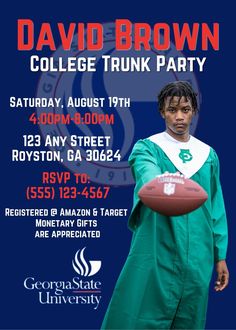 a flyer for a college trunk party with a football player in green and white uniform