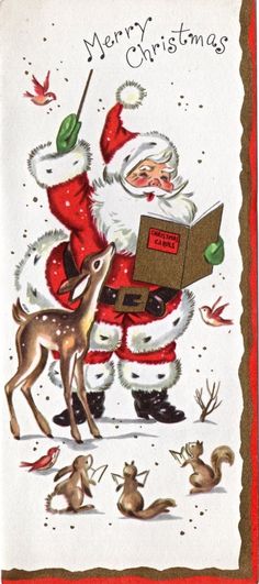 an old fashioned christmas card with santa holding a box and deer in front of it