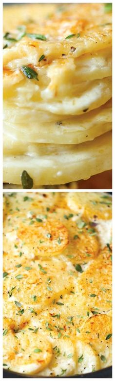 three different views of food with cheese and herbs on top, in the middle one is an omelet