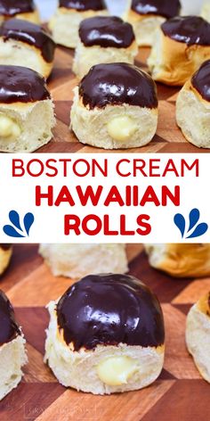 boston cream hawaiian rolls on a cutting board