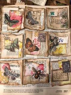 altered images are displayed on top of an old book with butterflies and music notes all over them