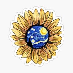 a sunflower with the starry night painting on it's petals sticker