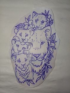 a blue ink drawing of three lions on a white paper with leaves and flowers around it