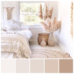 a bedroom with white walls and neutrals in the color scheme, along with a basket full of feathers