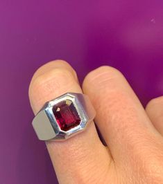 For Sale on 1stDibs - Men's Solitaire Ruby Ring, set in 18K matte White Gold With AGle Certificate Ruby approximately 2 carats Ring Size: 7.5 Resizable free of charge Formal Ruby Signet Ring With Bezel Setting, Ruby Signet Ring With Bezel Setting For Formal Occasions, Modern Signet Ring With Prong Setting Gift, Red Sapphire Ring, Mens Ruby Ring, Ruby Ring Set, 2 Carat Ring, Man Ring, Red Sapphire