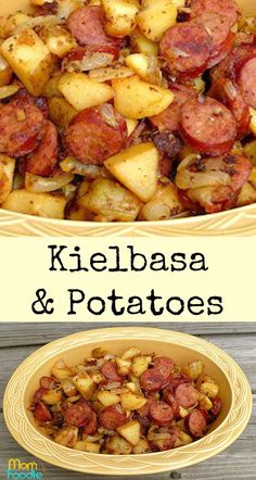 kielbasa and potatoes in a yellow bowl on a wooden table with the title above it