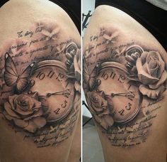 two pictures of a woman's thigh with roses and a clock on the side