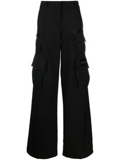 black virgin wool concealed fly and button fastening two rear jetted pockets two front pouch pockets two side cargo pockets belt loops wide leg straight hem Off White Clothing, Off-white Logo, Black Wide Leg Trousers, White Trousers, Black Wide Leg Pants, Black Cargo Pants, Black Cargo, Cargo Pants Women, Virgil Abloh