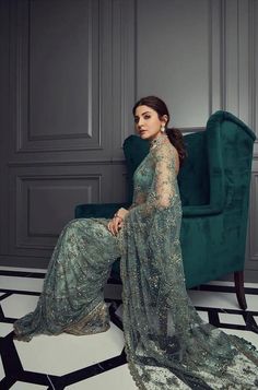 Anushka Sharma in a gorgeous net mint cocktail Sabyasachi saree. #Frugal2Fab Anushka Sharma Saree, Sabyasachi Saree, Wedding Reception Outfit, Reception Saree, Designer Sarees Wedding, Reception Outfit, Indian Saree Blouses Designs, Indian Fashion Saree, Saree Designs Party Wear