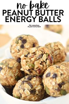 no bake peanut butter energy balls in a white bowl with the title above it