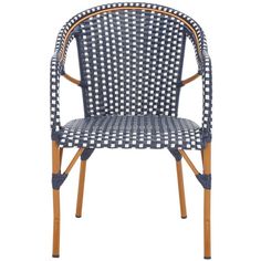 a blue and white woven chair with wooden legs on an isolated white background, front view