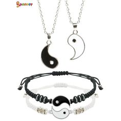 SPECIFICATIONS: 1. Material: Alloy 2. Color: White, Black 3. Gender: Unisex 4. Bracelet Circumference: 16-25cm / 6.30-9.84in 5. Necklace Circumference: 45cm / 17.72in 6. Pattern: Taichi 7. Craft: Oil Drop FEATURES:  Couple bracelets / necklaces, with Yin Yang traditional pattern, black and white fish like, symbolize unity, change, harmony, balance, health, natural power and energy.  Bracelets: Yin and Yang metal pendants, adjustable braid, rhinestones and black stones; Necklaces: Yin and Yang me Black And White Fish, Adjustable Cord Bracelet, Relationship Bracelets, Best Friend Bracelets, Valentine Gifts For Girlfriend, Sterling Silver Cross Necklace, Couple Bracelet, Bff Necklaces, Friend Bracelets