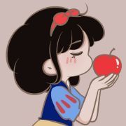 a cartoon girl holding an apple in her hand