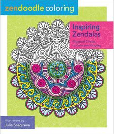 an adult coloring book with the title's image in pink, green and blue